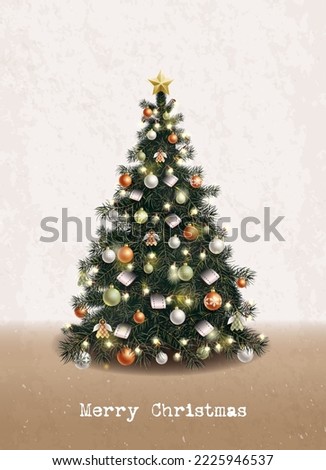 Vector realistic Christmas tree. Green fir or pine adorned with balls, angels, Xmas star, glowing garland, lights. Rustic earthy interior decor. Vintage New Year holiday card design with text