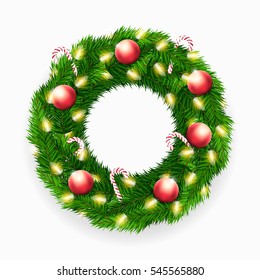 Vector realistic Christmas wreath with candy canes, lights and decorations on white background