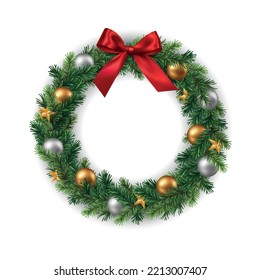 Vector realistic christmas wreath with gold and silver baubles and red ribbon, decorative round frame isolated on white background