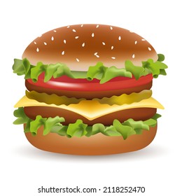 Vector realistic classic American hamburger Cheeseburger with a salad with tomatoes, cheese, on white background. Fast food