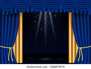 Vector realistic classic blue and gold stage curtains frame with spotlights, flying glitter. Luxury silk velvet curtains with drapery, golden cord. Portiere drapes for ceremony, opera scene, playbill.