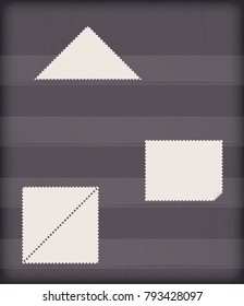 vector realistic clean postage stamps of different shapes and with different perforations. the coupling of triangular stamps. mark with a curved area. in the transparent pockets on the album page.
