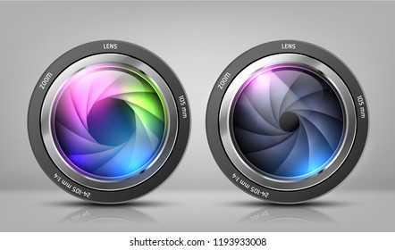 Vector realistic clipart with two camera lenses, photo objectives with zoom isolated on background. Optical system for photographic devices, modern equipment to make professional shots