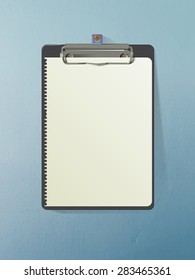 Vector realistic clipboard with sheet on grunge wall.