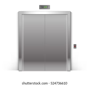 Vector Realistic Closed Chrome Metal Office Building Elevator Doors Isolated on Background