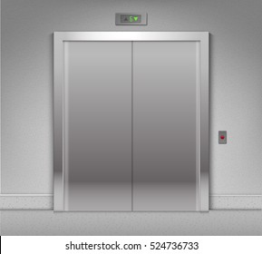 Vector Realistic Closed Chrome Metal Office Building Elevator Doors Isolated on Background