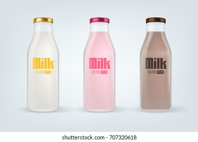 Vector realistic closed full glass milk bottle set closeup isolated on white background. Vanilla, strawberry and chocolate flavor. Design template for advertise, branding, mockup. EPS10.