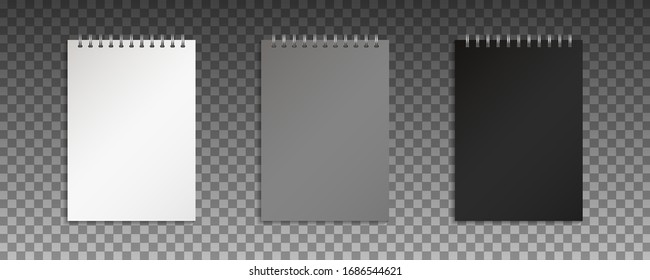 Vector realistic closed notebook. Mock up of blank copybook with metallic silver spiral.