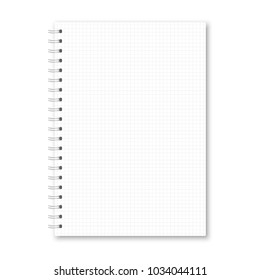 Vector realistic closed notebook. Vertical white metallic silver spiral bound blank copybook cell lined. Mockup (mock up) of organizer or diary isolated.