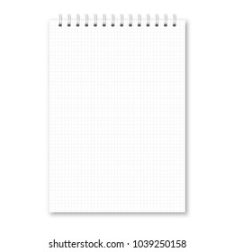 Vector realistic closed notebook. Vertical white metallic silver spiral bound blank copybook cell lined. Template mockup of organizer or diary isolated.