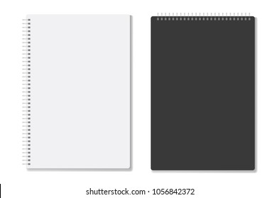 Vector realistic closed notebook. Vertical blank copybook with metallic silver spiral. Template (mock up) of organizer or diary isolated.