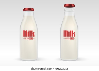 Vector realistic closed and open full glass milk bottle set with red lid closeup on white background. Design template for advertise, branding, mockup. EPS10.