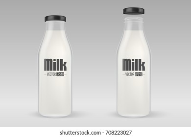 Vector Realistic Closed And Open Full Glass Milk Bottle Set With Black Lid Closeup On Grey Background. Design Template For Advertise, Branding, Mockup. EPS10.