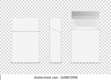 Vector Realista Cerrado y Abierto Limpio en Blanco Cigarrillo Vacío Cuadro de Cierre Aislado. Plantilla de diseño. Concepto de problemas de humo, tabaco, recolección de cigarrillos. Vista frontal y lateral