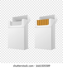 Vector Realistic Closed and Opened Clear Blank Empty and with Cigarettes Pack Box Set Isolated on Transparent Background. Design Template. Smoke Problem Concept, Tobacco, Cigarette Mockup. Side View