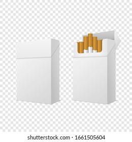 Vector Realistic Closed and Opened Clear Blank Empty and with Cigarettes Pack Box Set Isolated on Transparent Background. Design Template. Smoke Problem Concept, Tobacco, Cigarette Mockup. Side View