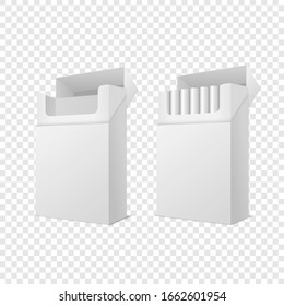 Vector Realistic Closed and Opened Clear Blank Empty and with Cigarettes Pack Box Set Isolated on Transparent Background. Design Template. Smoke Problem Concept, Tobacco, Cigarette Mockup. Side View