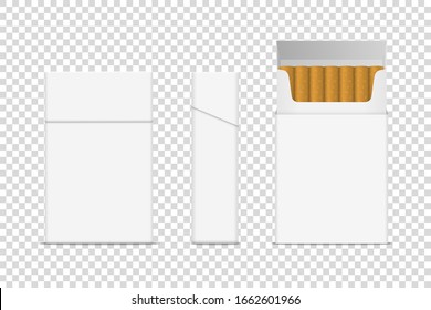 Vector Realistic Closed and Opened Clear Blank Cigarette Pack Box Set Closeup Isolated. Design Template. Smoke Problem Concept, Tobacco, Cigarette Mockup. Front and Side View