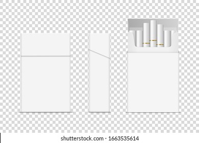 Vector Realistic Closed And Opened Clear Blank Cigarette Pack Box Set Closeup Isolated. Design Template. Smoke Problem Concept, Tobacco, Cigarette Mockup. Front And Side View