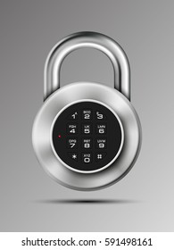 Vector realistic closed padlock. Steel Mechanical Combination lock. Privacy illustration. Enter the PIN code. Electronic lock icon. Reliable Protection badge. Code combination symbol