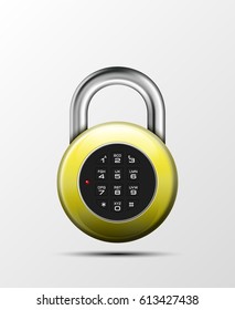 Vector realistic closed padlock. Steel Mechanical Combination lock. Privacy illustration. Enter the PIN code. Electronic lock icon. Reliable Protection badge. Code combination symbol