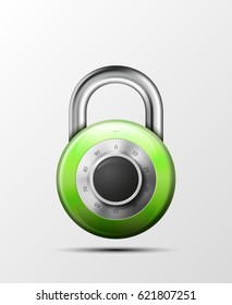 Vector realistic closed padlock. Steel Mechanical Combination lock. Privacy illustration. Enter the PIN code. Electronic lock icon. Reliable Protection badge. Code combination symbol