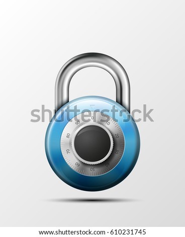 Vector realistic closed padlock. Steel Mechanical Combination lock. Privacy illustration. Enter the PIN code. Electronic lock icon. Reliable Protection badge. Code combination symbol