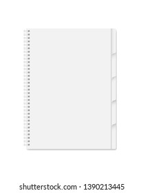 Vector realistic closed spiral notebook  isolated. Vertical blank copybook, organizer or diary  with tab divider pages on white background. Simple mock up for your design.