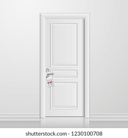 Vector realistic closed white entrance door with do not disturb blank