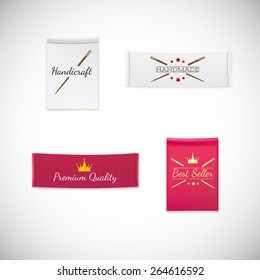 Vector realistic clothing label. Different fabric labels with stitching and promotional text and symbols