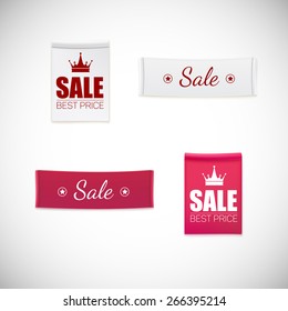 Vector realistic clothing label. Different fabric labels with stitching and advertising text