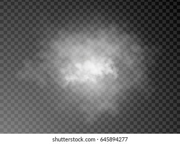 Vector realistic cloud on dark transparent background. Mist, fog, haze smog object. Natural Phenomenon element. Poster, banner, print advertisement design