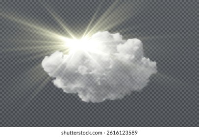 Vector realistic cloud with peeking sun, sun rays, smoke or fog on isolated transparent background.
Logo for weather or forecaster Cloud png. Smoke png. Sun png