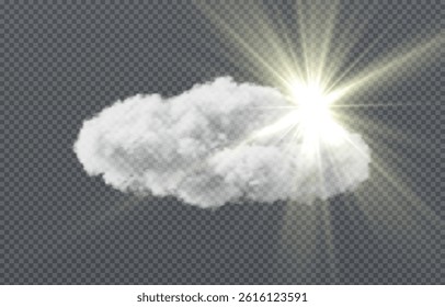 Vector realistic cloud with peeking sun, sun rays, smoke or fog on isolated transparent background.
Logo for weather or forecaster Cloud png. Smoke png. Sun png