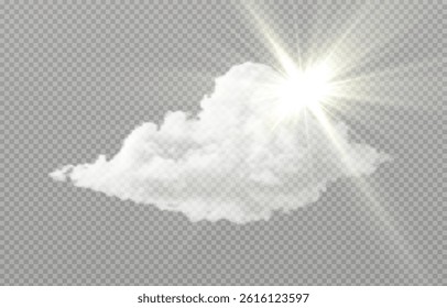 Vector realistic cloud with peeking sun, sun rays, smoke or fog on isolated transparent background.
Logo for weather or forecaster Cloud png. Smoke png. Sun png