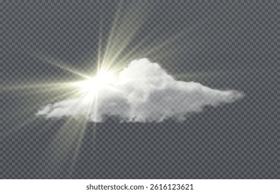 Vector realistic cloud with peeking sun, sun rays, smoke or fog on isolated transparent background.
Logo for weather or forecaster Cloud png. Smoke png. Sun png