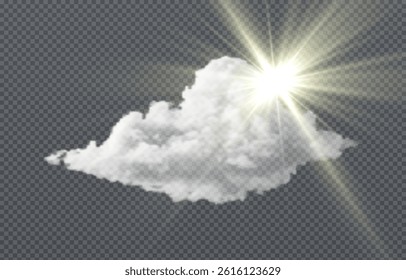 Vector realistic cloud with peeking sun, sun rays, smoke or fog on isolated transparent background.
Logo for weather or forecaster Cloud png. Smoke png. Sun png