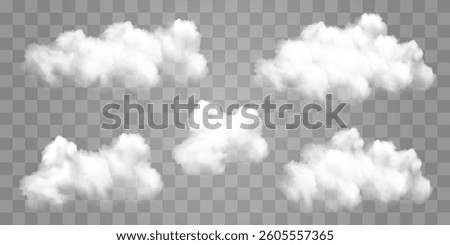 Vector realistic cloud set. Vector weather element on png background. Cloud texture, smoke, nature sky or foggy nature illustration isolated on transparent background.