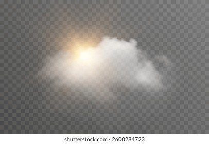 Vector realistic cloud with sun on isolated transparent background. Sun rays break through cloud png.