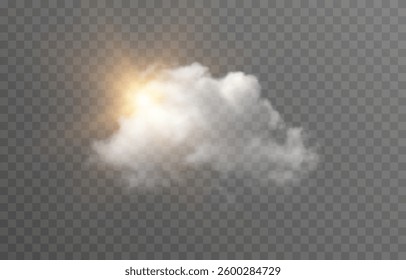 Vector realistic cloud with sun on isolated transparent background. Sun rays break through cloud png.