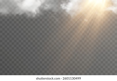 Vector realistic cloud with sun on isolated transparent background. Sun rays break through cloud png.