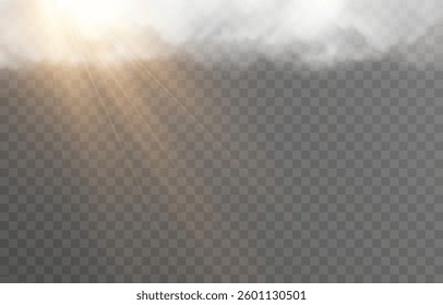 Vector realistic cloud with sun on isolated transparent background. Sun rays break through cloud png.