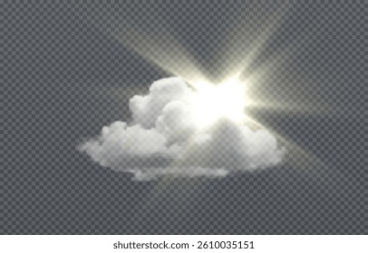 Vector realistic cloud with sun peeking out, sun rays, smoke or fog on isolated transparent background. Cloud png. Smoke png. Sun png