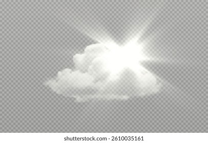 Vector realistic cloud with sun peeking out, sun rays, smoke or fog on isolated transparent background. Cloud png. Smoke png. Sun png