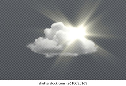 Vector realistic cloud with sun peeking out, sun rays, smoke or fog on isolated transparent background. Cloud png. Smoke png. Sun png