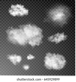 Vector realistic clouds collection. Dark transparent background. Gloom, mist, fog, haze smog elements set. Natural phenomenon, weather state. Poster banner print design element