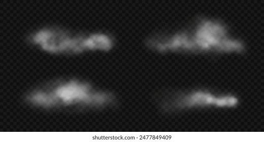 Vector nubes realistas aisladas sobre fondo transparente. Conjunto de nubes transparentes, neblina, vapor, humo reptante