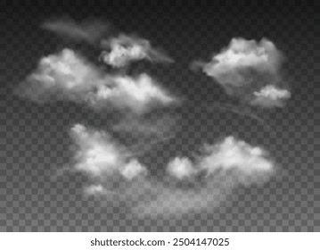 Vector realistic clouds in the sky overlay effect isolated on dark background