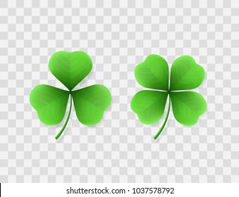 Vector realistic clovers with three and four leaves. Green shamrock for design of banners and flyers for St. Patrick’s Day. Isolated from the transparent background.