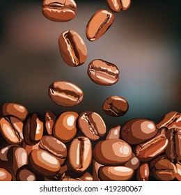Vector realistic coffee beans isolated on bokeh background 
